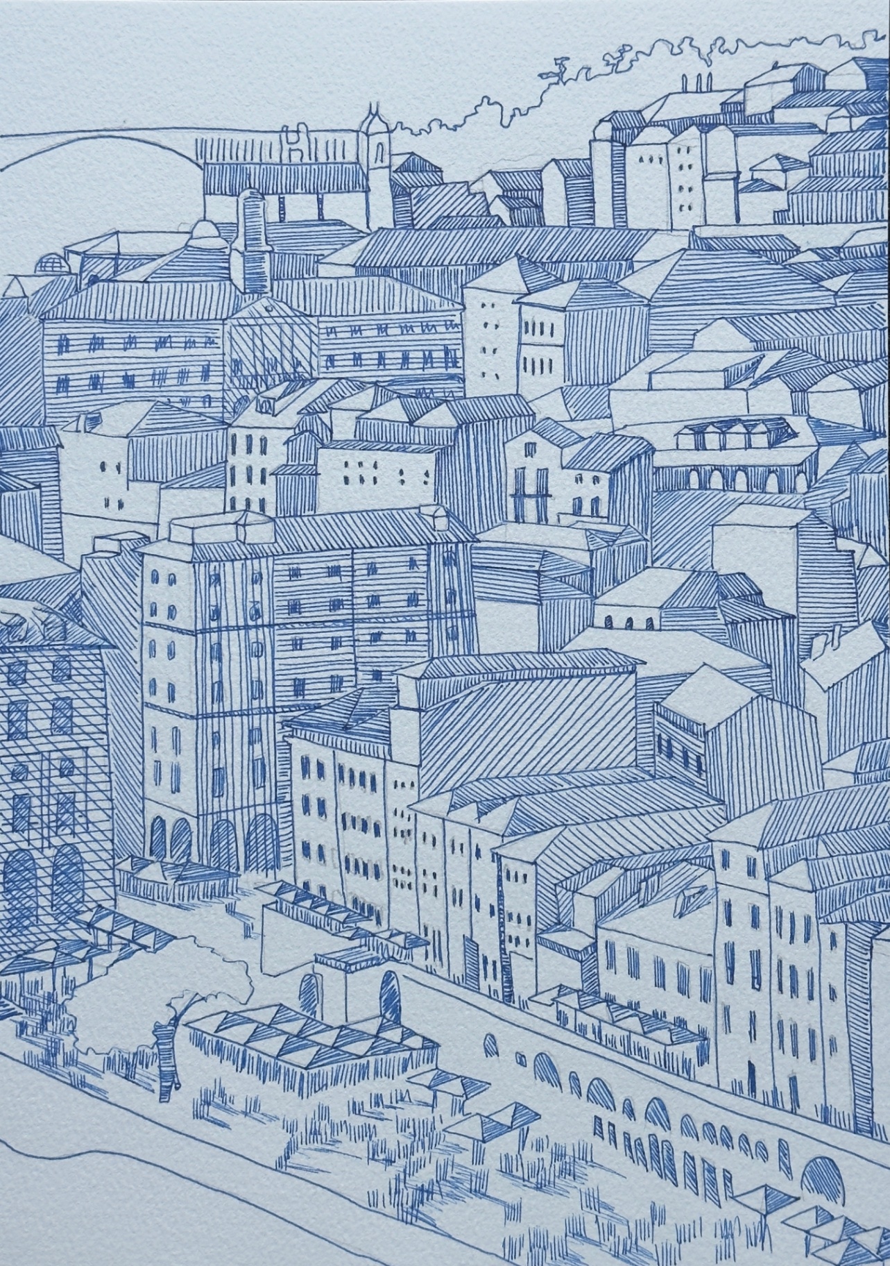 Blue pen sketch of a dense European cityscape with rooftops and a bridge